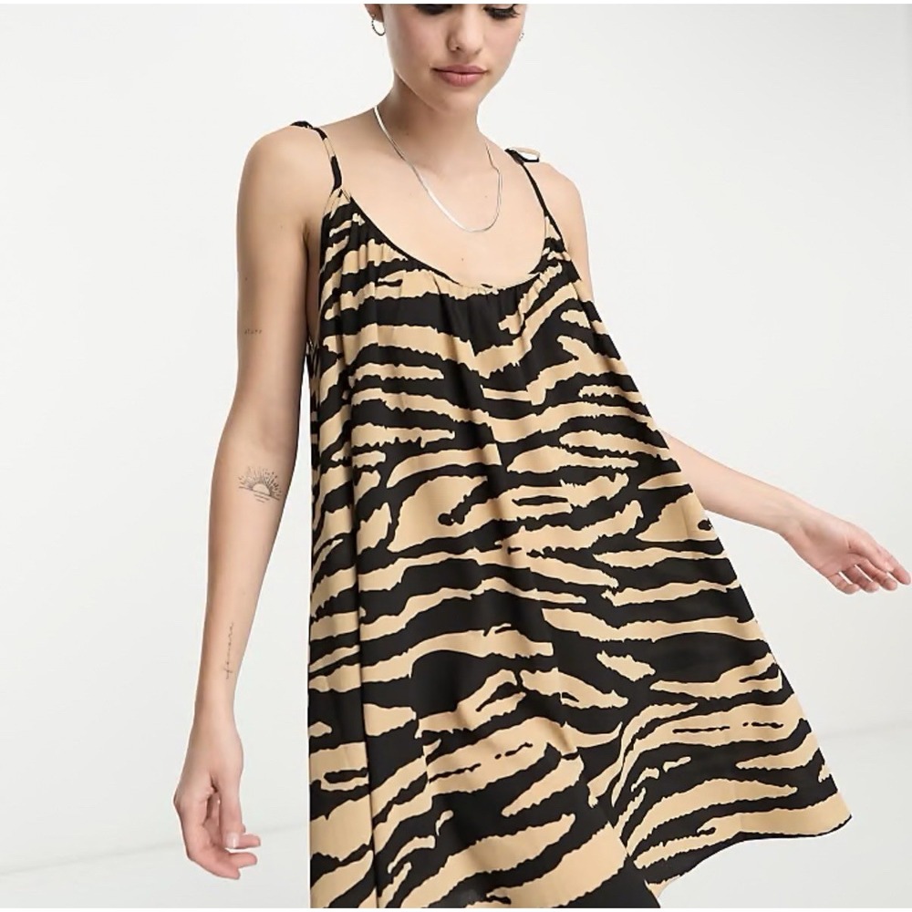 ASOS Design Tie Strap Trapeze Mini Dress Women's Size 10 Tan Black Zebra Print